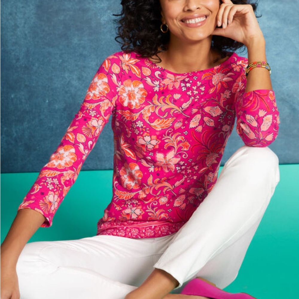 Talbots Pink  and Orange Floral Long Sleeve Top Size Medium NWT